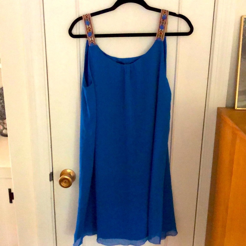 Flowy Blue Kenzie Minidress with Pom Pom Details